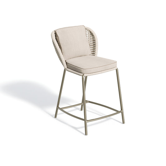 Counter height aluminum chair with a woven beige strap back and a satin powder coat frame
