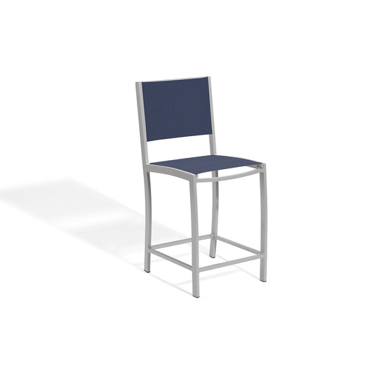 Counter height outdoor stool with a dark Ink Pen sling seat and back on a Flint gray aluminum frame