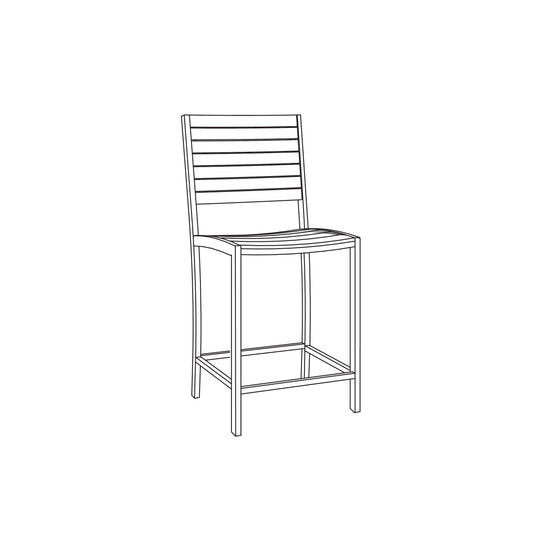 Counter height outdoor stool with horizontal Tekwood slats across the seat and back on a slim aluminum frame