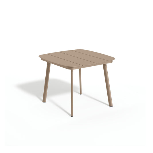 Oxford Garden Eiland 36 inch square outdoor dining table with a powder coated aluminum top on a taupe powder coated aluminum frame, shown on a plain white background