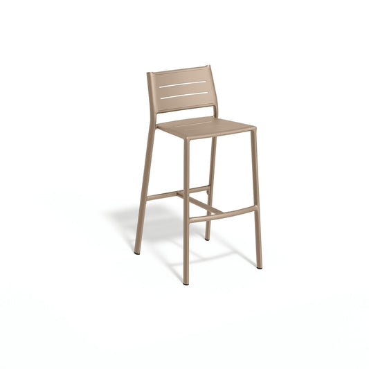 Oxford Garden Eiland all aluminum bar height outdoor stool, seat and back in the same taupe powder coated aluminum as the frame, shown on a plain white background