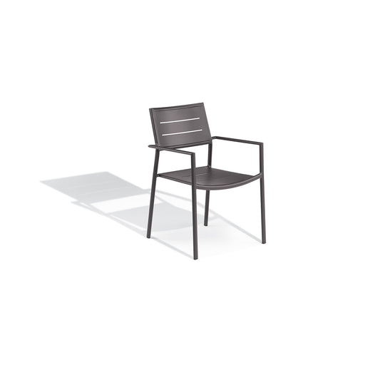 Oxford Garden Eiland all aluminum outdoor dining armchair, seat and back in the same carbon powder coated aluminum as the frame, shown on a plain white background