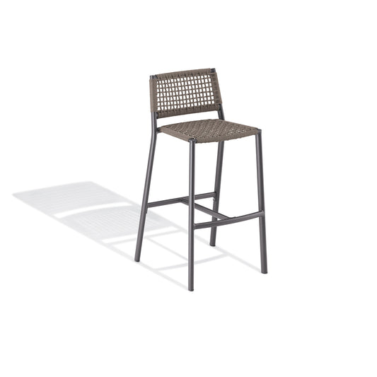 Oxford Garden Eiland bar height outdoor stool with a Mocha cord wrapped seat and back on a carbon powder coated aluminum frame, shown on a plain white background
