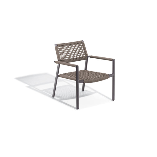 Oxford Garden Eiland low outdoor club chair with a Mocha cord wrapped seat and back on a carbon powder coated aluminum frame, shown on a plain white background