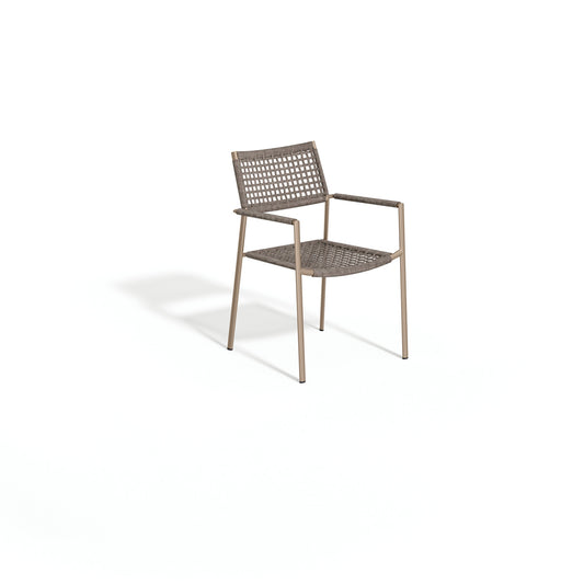 Oxford Garden Eiland outdoor dining armchair with a Mocha cord wrapped seat and back on a taupe powder coated aluminum frame, shown on a plain white background