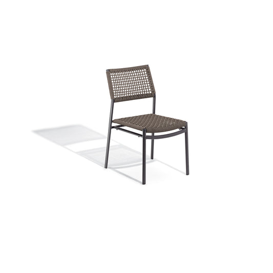 Oxford Garden Eiland Side Chair, an armless outdoor dining chair with a Mocha cord wrapped seat and back on a carbon black powder coated aluminum frame, shown on a plain white background