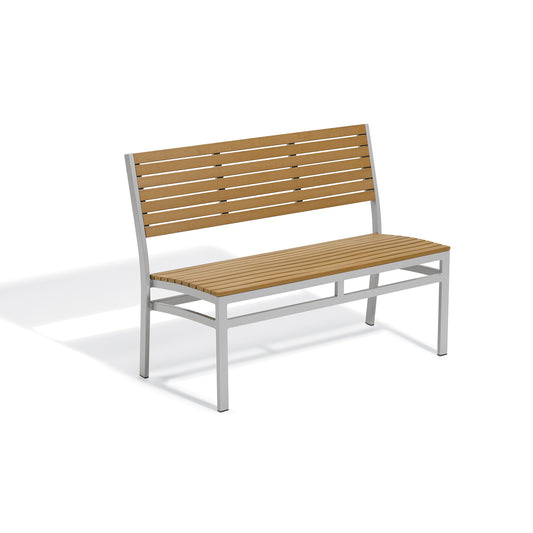 Four foot outdoor bench with a slatted Tekwood seat and back in the Natural colorway on a Flint gray aluminum frame