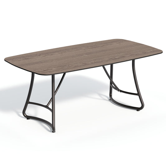 76 inch rectangular outdoor dining table with a Marshland Oak laminate top on a dark aluminum base