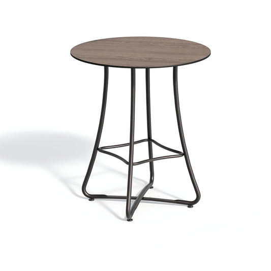 36 inch round outdoor bar table with a Marshland Oak laminate top on a tall folding base