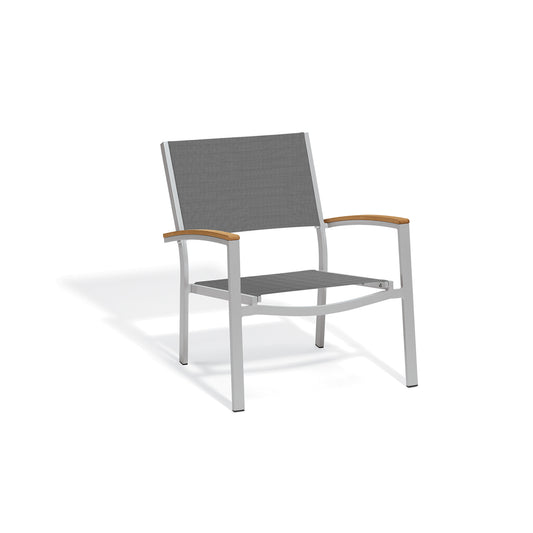 Low outdoor lounge chair with a gray Titanium sling seat and back, Natural Tekwood arm caps and a Flint gray frame