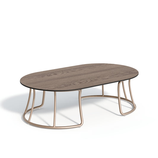 Low rectangular outdoor coffee table with a Marshland Oak laminate top on a taupe aluminum base