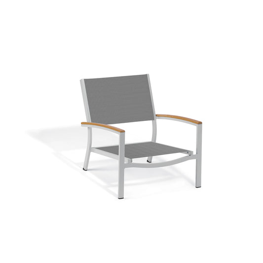 Low slung outdoor chair with a gray Titanium sling seat, Natural Tekwood arm caps and a Flint gray aluminum frame
