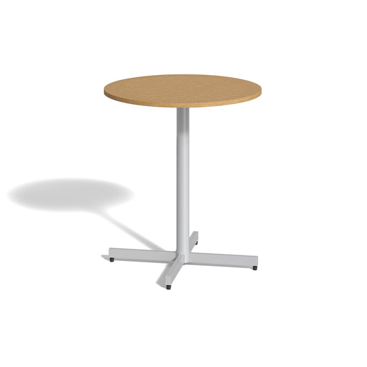 Mena 36 inch round bar table with a Tekwood Natural top on a Flint powder coated woven column, on a plain white background