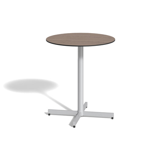 Mena 36 inch round bar table with an HPL Marshland Oak top on a Flint powder coated woven column, on a plain white background