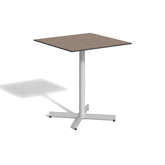 Mena 36 inch square bar table with an HPL Marshland Oak top on a Flint powder coated woven column, on a plain white background