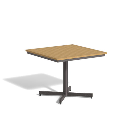 Mena 36 inch square bistro table with a Tekwood Natural top on a Carbon powder coated woven column, on a plain white background