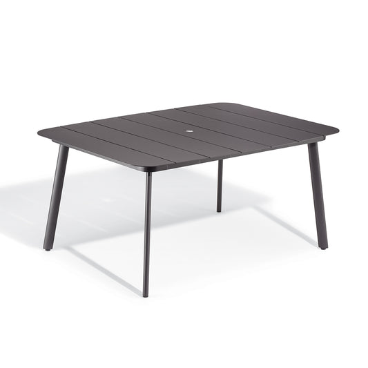 Rectangular outdoor dining table with an aluminum top on a dark Carbon powder coated aluminum frame