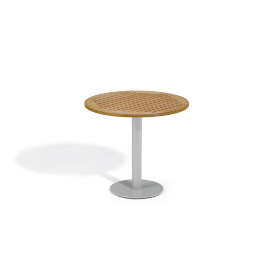 Round outdoor pedestal table with a slatted Natural Tekwood top on a Flint gray column and base
