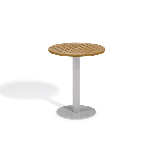 Small round outdoor pedestal table with a slatted Natural Tekwood top on a Flint gray column and base