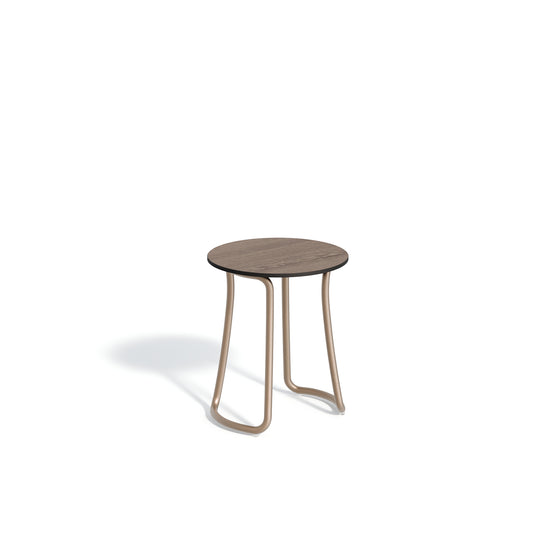 Small square outdoor side table with a Marshland Oak laminate top on a taupe aluminum base