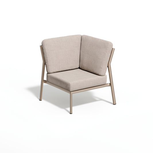 Square modular sectional corner seat with a wrapped back cushion on a Taupe powder coated aluminum frame