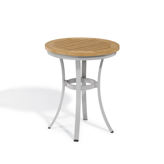 Square outdoor cafe table with a slatted Natural Tekwood top on a slim Flint gray aluminum base