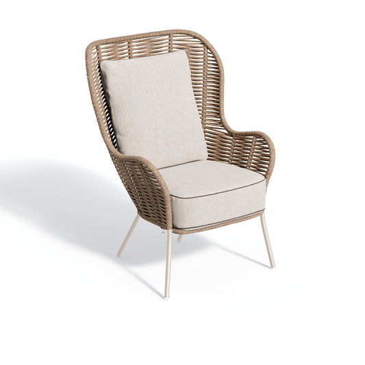 Tall backed aluminum lounge chair with a sandstone woven strap back and a frost powder coat frame