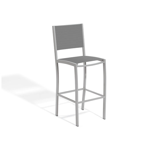 Tall outdoor bar stool with a gray Titanium sling seat and back on a Flint powder coated aluminum frame