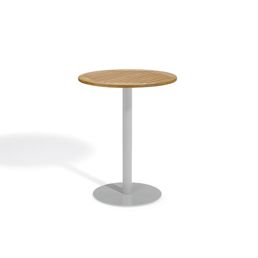 Tall round outdoor bar table with a slatted Natural Tekwood top on a wide Flint gray base