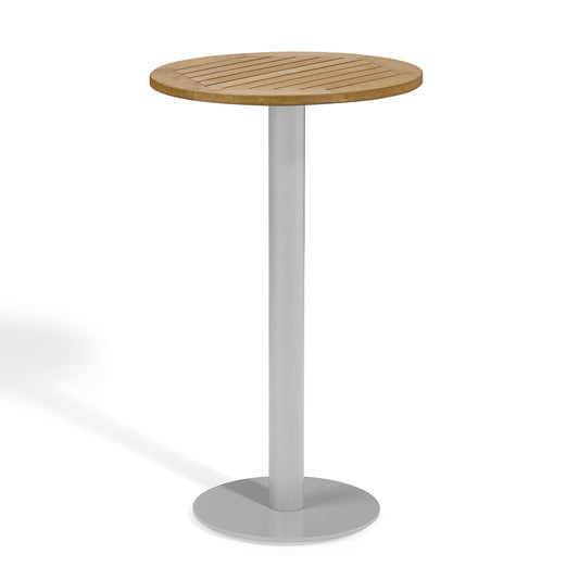 Tall round outdoor bar table with a slatted Natural Tekwood top on a Flint gray column and base