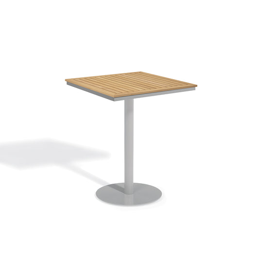 Tall square outdoor bar table with a slatted Natural Tekwood top on a wide Flint gray base