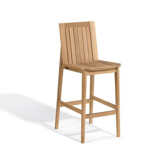 Tall teak bar chair with a slatted back and footrest, shown against a plain background