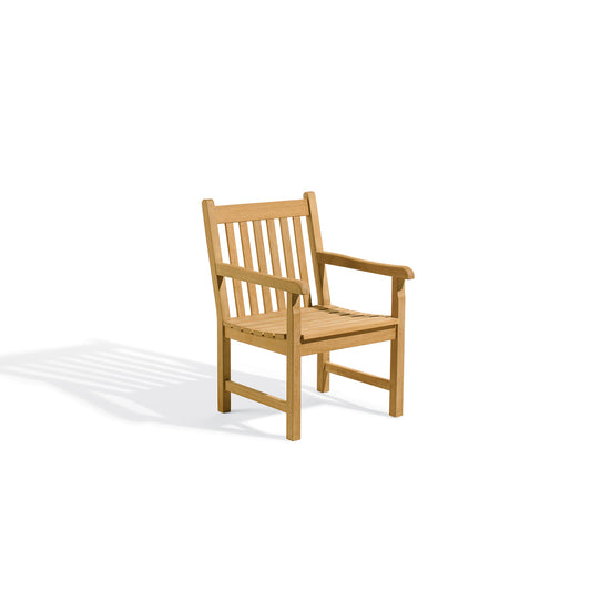 Teak dining armchair with shaped arms and a tall slat back, shown against a plain background