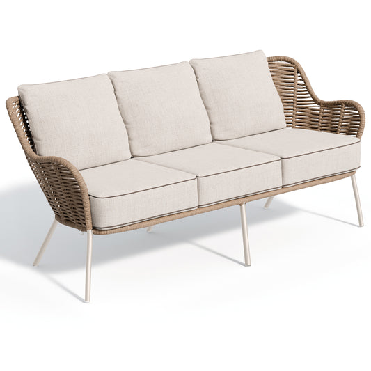 Three seat aluminum outdoor sofa with a sandstone woven strap back and a frost powder coat frame