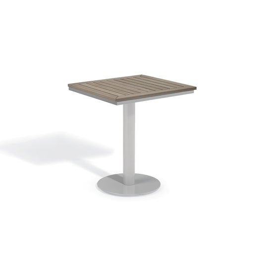 Oxford Garden Travira 26 inch square outdoor bistro table with a weathered wood grain Tekwood top on a flint grey powder coated aluminum pedestal base, shown on a plain white background