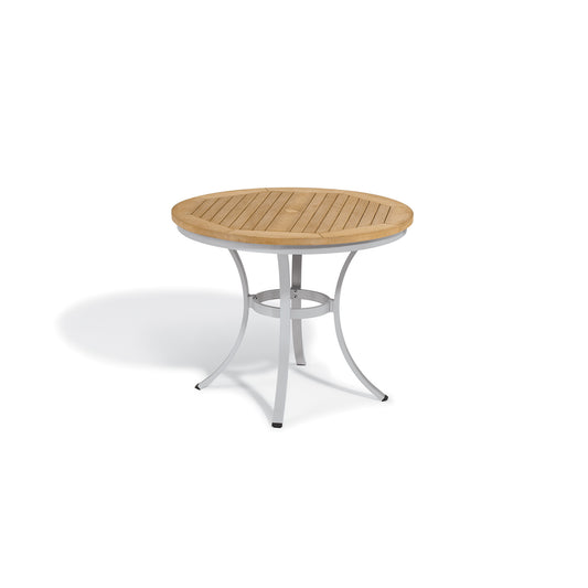 Oxford Garden Travira 36 inch square outdoor cafe table with a natural wood grain Tekwood top on a flint grey powder coated aluminum cross base, shown on a plain white background