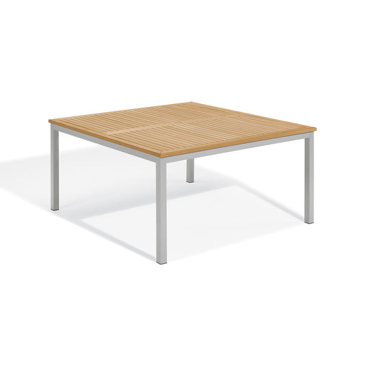 Oxford Garden Travira 60 inch square outdoor dining table with a natural wood grain Tekwood top on a flint gray powder coated aluminum base, shown on a plain white background