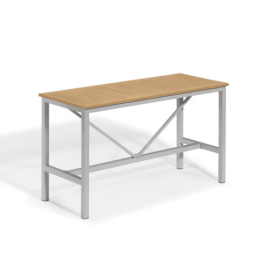 Oxford Garden Travira 72 inch rectangular outdoor bar table with a natural wood grain Tekwood top on a flint gray powder coated aluminum frame, shown on a plain white background