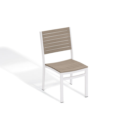 Oxford Garden Travira armless outdoor dining chair with a slatted seat and back on a chalk white powder coated aluminum frame, shown on a plain white background