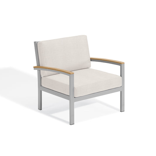 Travira cushioned lounge chair with Bliss Linen cushions, Tekwood Natural arm caps and a flint powder coated aluminum frame