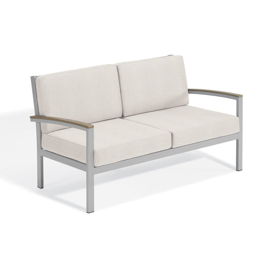 Travira cushioned loveseat with Bliss Linen cushions, Tekwood Vintage arm caps and a flint powder coated aluminum frame