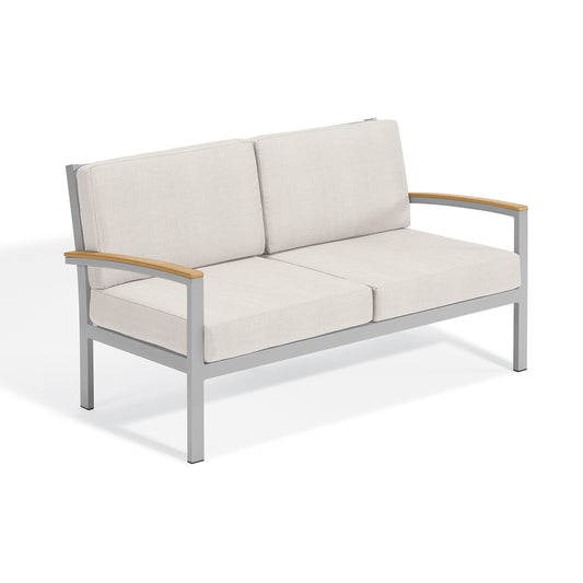 Travira cushioned loveseat with Bliss Linen cushions, Tekwood Natural arm caps and a flint powder coated aluminum frame