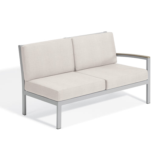 Travira modular loveseat with a left arm, Bliss Linen cushions, Tekwood Vintage arm cap and a flint powder coated frame