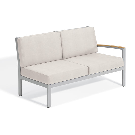 Travira modular loveseat with a left arm, Bliss Linen cushions, Tekwood Natural arm cap and a flint powder coated frame