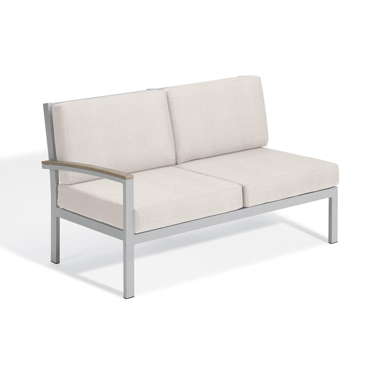 Travira modular loveseat with a right arm, Bliss Linen cushions, Tekwood Vintage arm cap and a flint powder coated frame