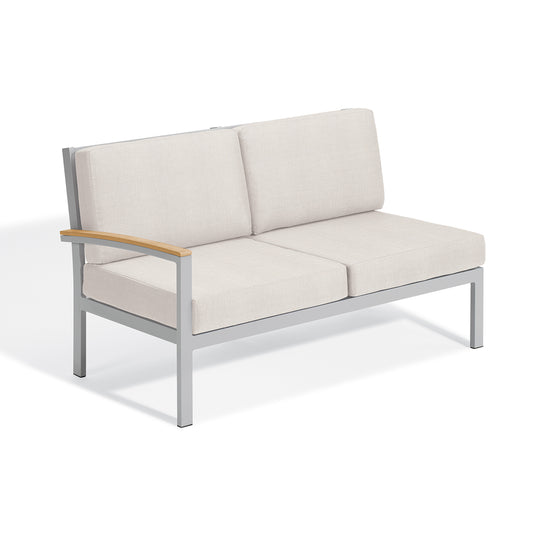 Travira modular loveseat with a right arm, Bliss Linen cushions, Tekwood Natural arm cap and a flint powder coated frame
