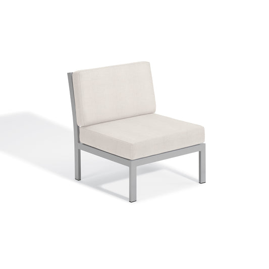 Travira modular side seat with Bliss Linen cushions on a flint powder coated aluminum frame