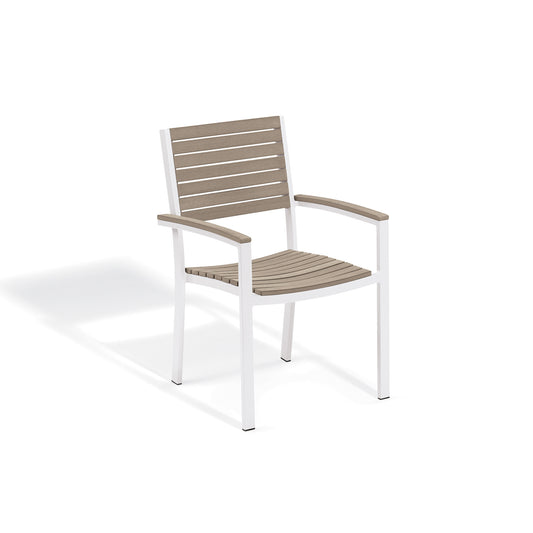 Oxford Garden Travira outdoor dining armchair with a slatted seat and back on a chalk white powder coated aluminum frame, shown on a plain white background