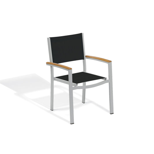 Oxford Garden Travira outdoor dining armchair with a tensioned sling seat and back on a flint grey powder coated aluminum frame, shown on a plain white background