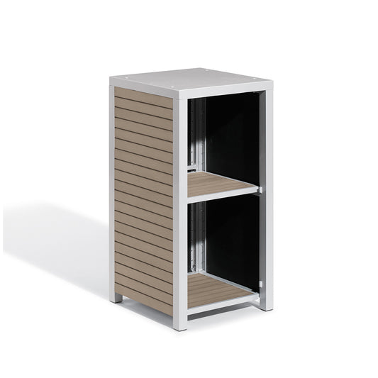 Oxford Garden Travira outdoor valet station with open shelving and weathered wood grain Tekwood panels on a flint grey powder coated aluminum frame, shown on a plain white background